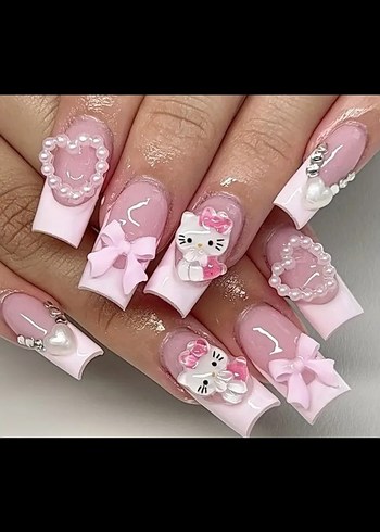 Pembe kalpli Hello Kitty'li fiyonklu taşlı takma tırnak
