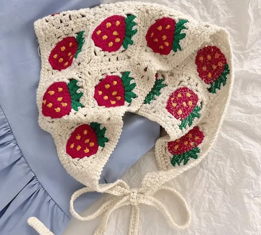 Beyaz Örgü Çilek Desenli örgü bandana Saç Bandı toka - Görsel 3