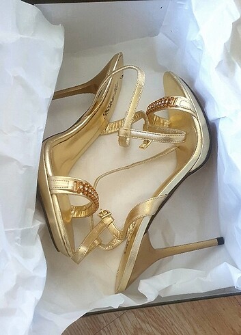 DIVARESE Hakiki Deri Platform Altın Zara Model Taşlı Sandalet