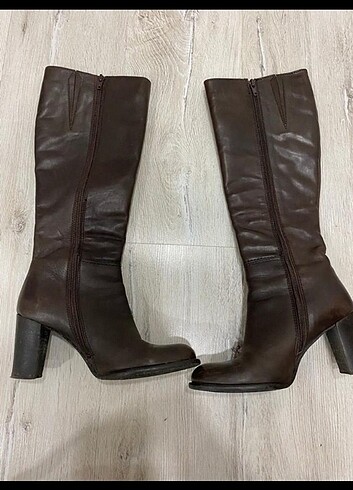 Kahverengi deri diz boyu topuklu kadın çizme - Görsel 13