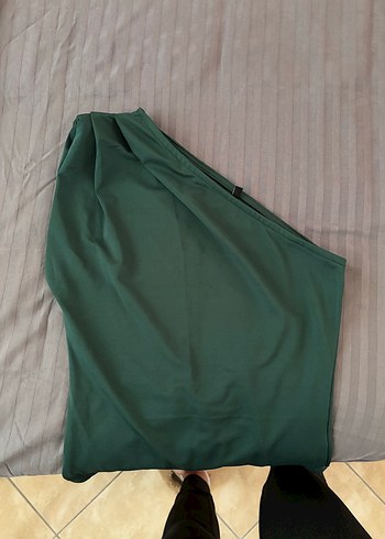 Drapeli Tek Omuzlu Yeşil Kadın bluz - Görsel 3