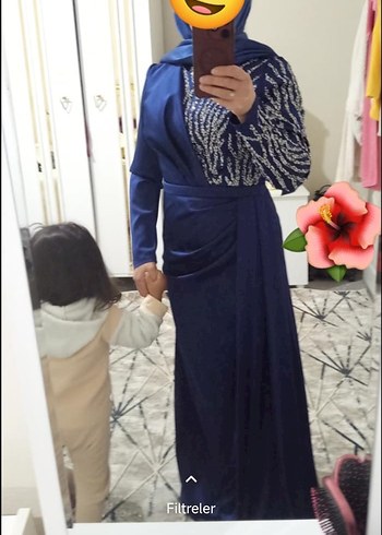 Lacivert Parlak Bağlamalı Uzun Abiye Elbise - Görsel 2