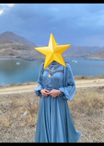 s Beden Uzun Parlak Mavi Bohem Kadın Abiye Elbise