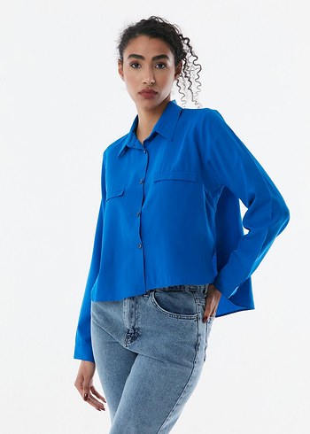 Saks Mavisi Uzun Kollu Kadın Gömlek - Görsel 2