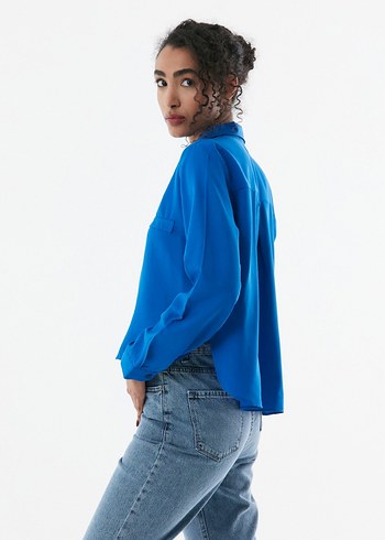 Saks Mavisi Uzun Kollu Kadın Gömlek - Görsel 3