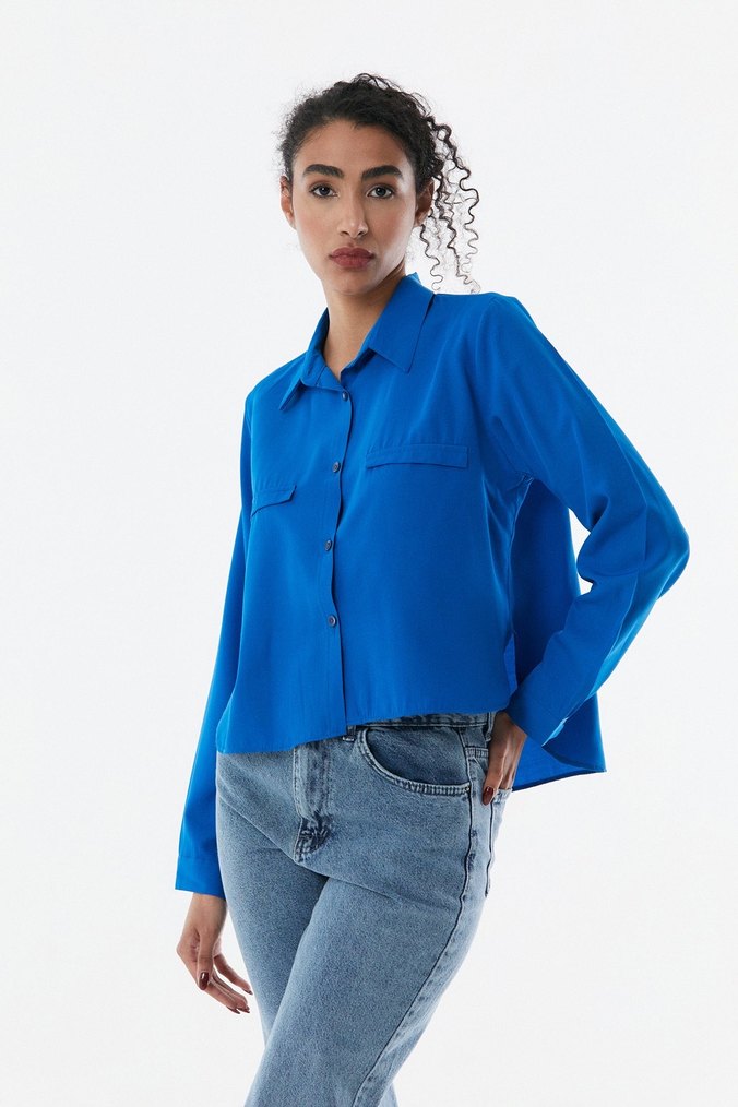 Saks Mavisi Uzun Kollu Kadın Gömlek - Görsel 2