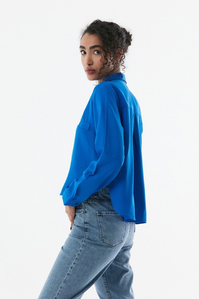 Saks Mavisi Uzun Kollu Kadın Gömlek - Görsel 3