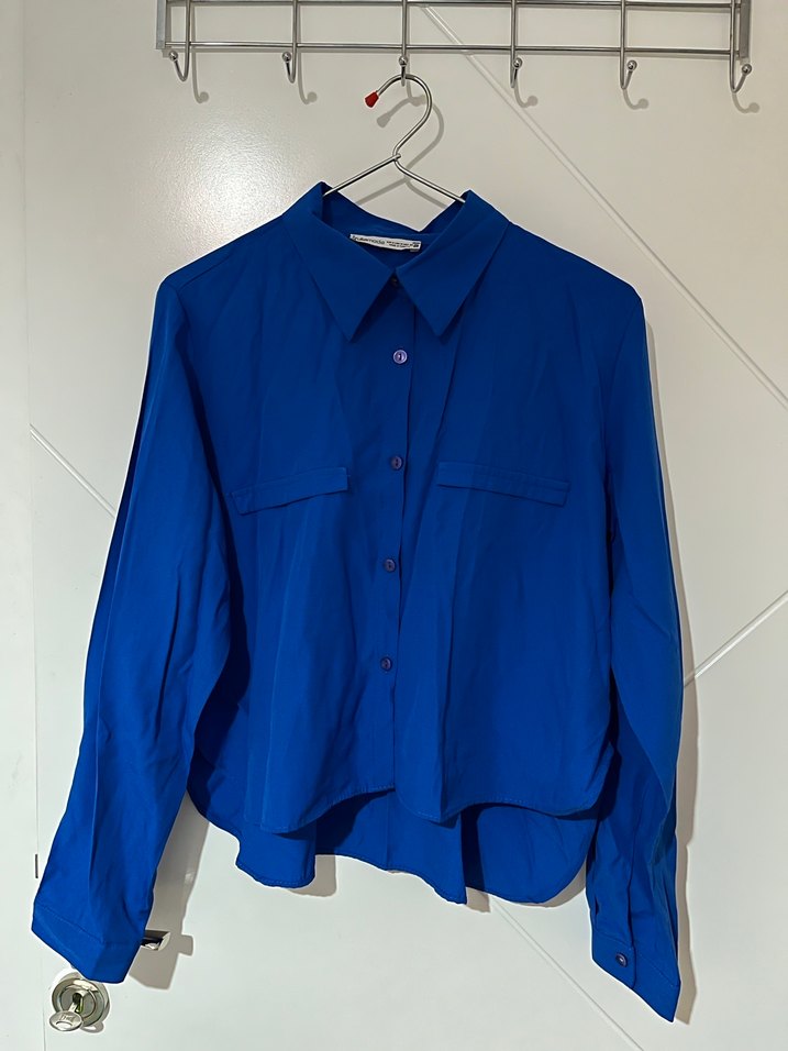 Saks Mavisi Uzun Kollu Kadın Gömlek - Görsel 4