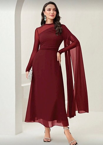 SHEIN Bordo Uzun Kollu Abiye Elbise - Görsel 4