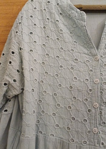 Gri Nakışlı Uzun Bohem Keten Elbise - Görsel 2