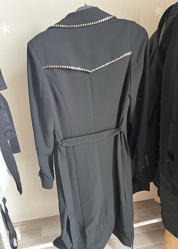 Uzun Siyah Kadın Blazer Düğmeli Nakışlı - Görsel 3