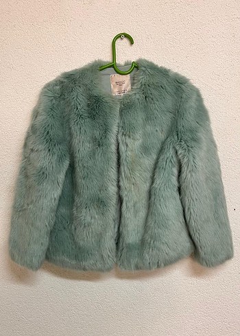 s Beden Turkuaz Kadın Peluş Kürk Detaylı Midi Ceket