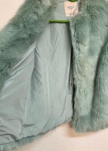 s Beden gri Renk Turkuaz Kadın Peluş Kürk Detaylı Midi Ceket