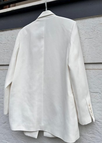 Beyaz Keten Düğmeli Kadın Blazer - Görsel 5