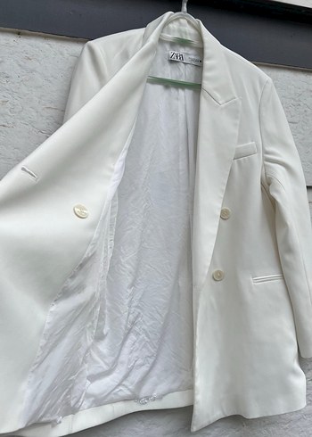 Beyaz Keten Düğmeli Kadın Blazer - Görsel 9