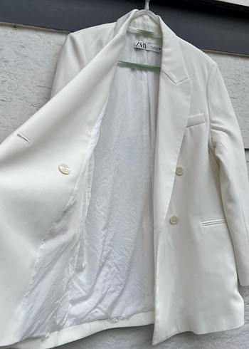 Beyaz Keten Düğmeli Kadın Blazer - Görsel 7