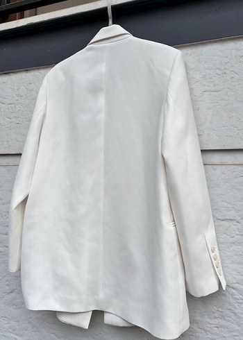 Beyaz Keten Düğmeli Kadın Blazer - Görsel 10