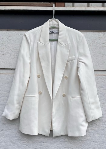 Beyaz Keten Düğmeli Kadın Blazer - Görsel 8