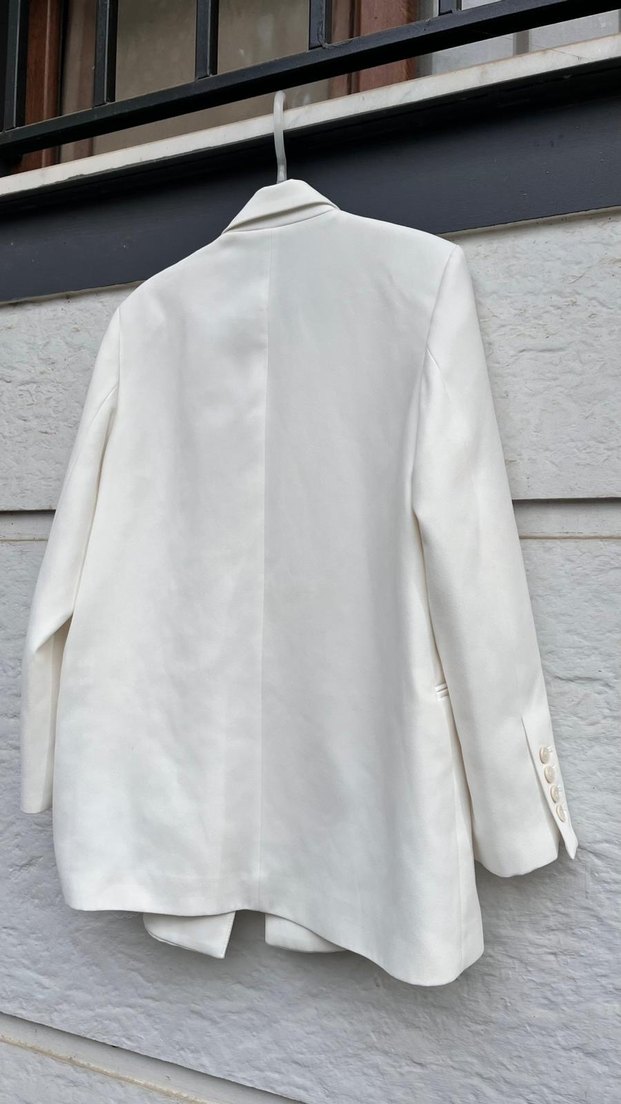 Beyaz Keten Düğmeli Kadın Blazer - Görsel 5