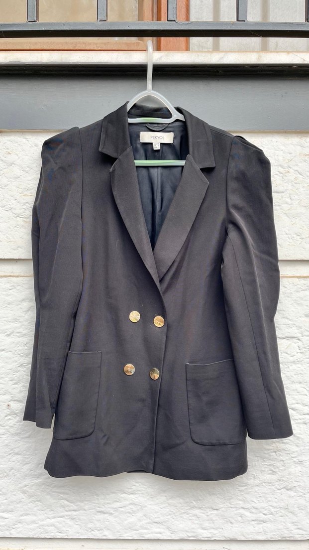 Siyah Kadın Düğmeli Midi Blazer - Görsel 5