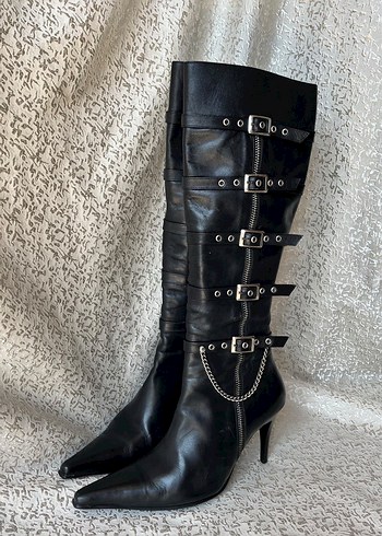 American Vintage Gotik Siyah Deri Stiletto Cizme