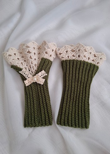 Kadın Örgü Eldiven - Koyu Haki vintage eldiven - Görsel 3