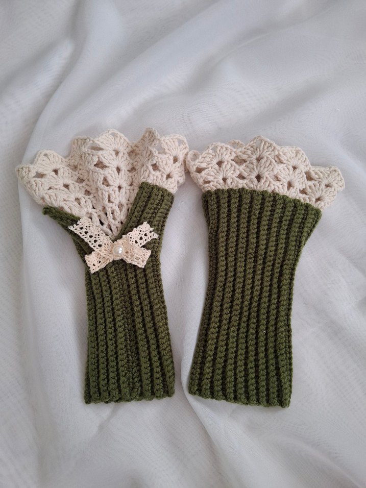 Kadın Örgü Eldiven - Koyu Haki vintage eldiven - Görsel 3
