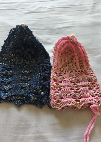 Dantel Detaylı Pembe Bohem Örme Büstiyer - Görsel 5