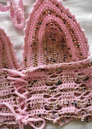 Dantel Detaylı Pembe Bohem Örme Büstiyer - Görsel 11