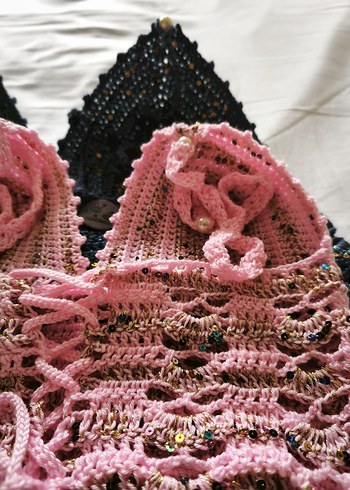 Dantel Detaylı Pembe Bohem Örme Büstiyer - Görsel 10