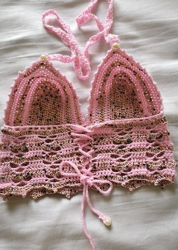 Dantel Detaylı Pembe Bohem Örme Büstiyer - Görsel 6