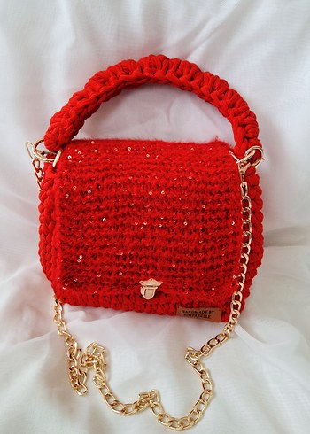 Kırmızı Örgü Kadın Çanta Penye ipten - Görsel 4