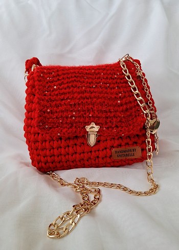 Kırmızı Örgü Kadın Çanta Penye ipten - Görsel 5