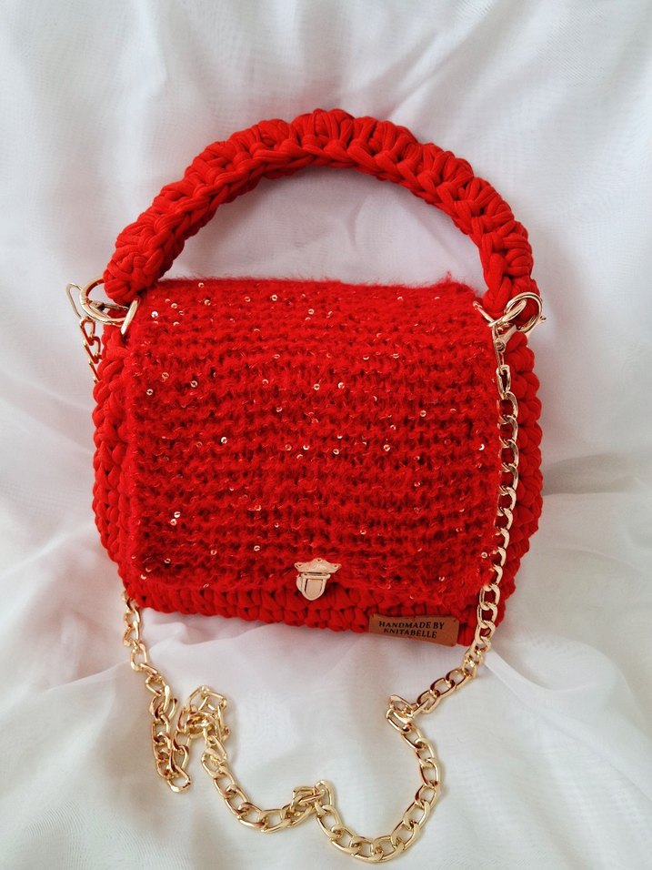 Kırmızı Örgü Kadın Çanta Penye ipten - Görsel 4