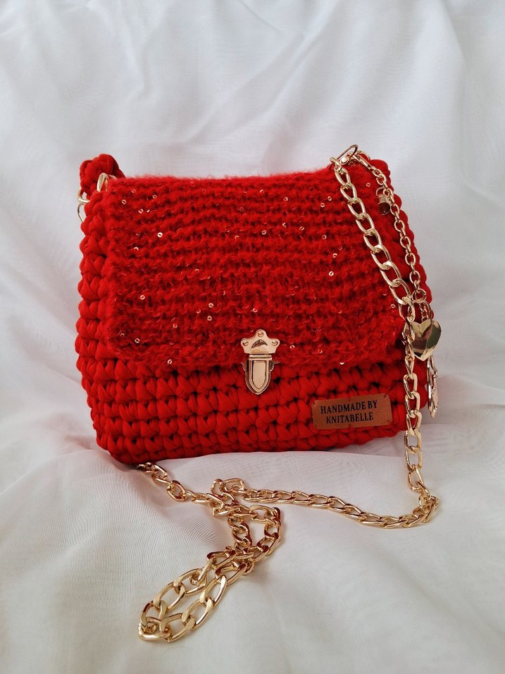 Kırmızı Örgü Kadın Çanta Penye ipten - Görsel 5