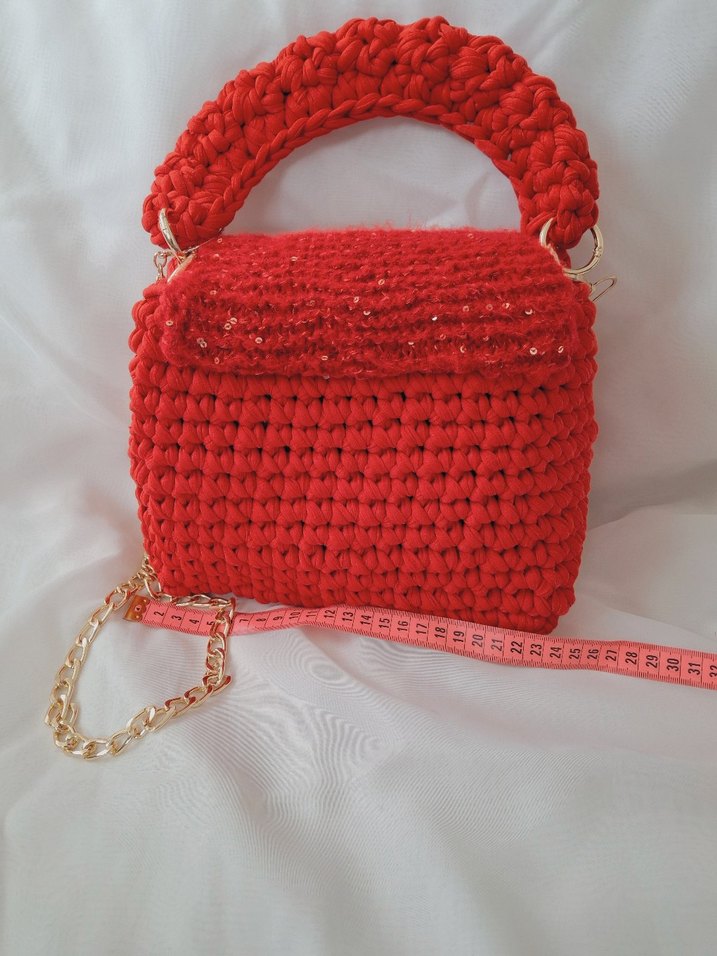 Kırmızı Örgü Kadın Çanta Penye ipten - Görsel 2