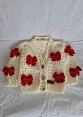 Kız Çocuk Beyaz Örgü Hırka Kırmızı Fiyonk Detaylı - Görsel 2