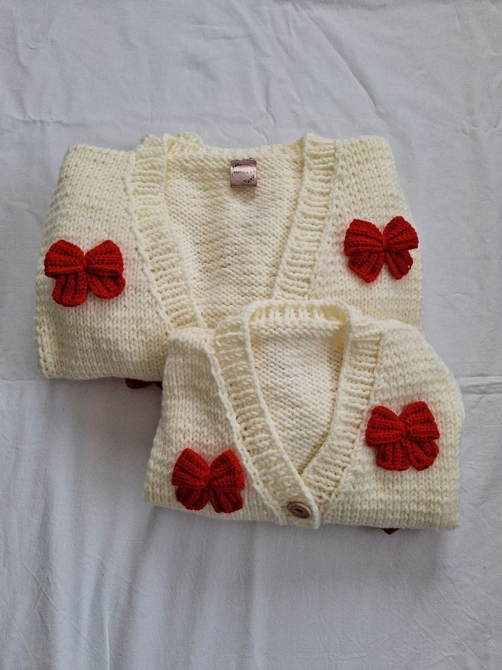 Kız Çocuk Beyaz Örgü Hırka Kırmızı Fiyonk Detaylı - Görsel 5