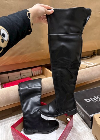 Kadın Siyah Deri Dizüstü Stiletto Çizme