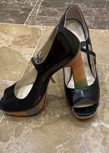 Tergan Siyah renkli Desenli Platform Topuklu Ayakkabı - Görsel 6