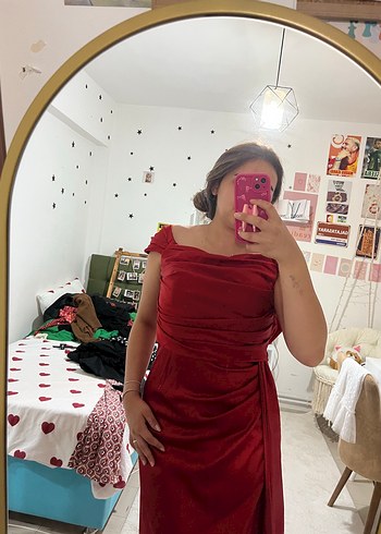 Drapeli Kırmızı Straplez Abiye - Görsel 2