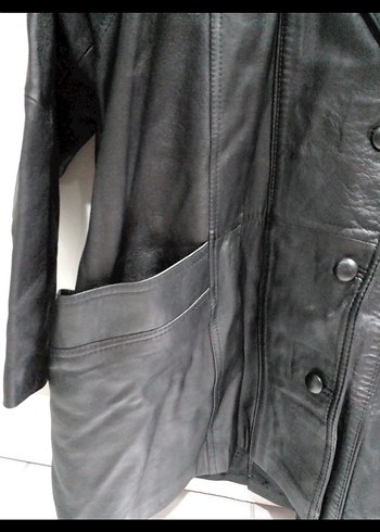 Düğmeli Siyah Uzun Deri Kadın Ceket - Görsel 3