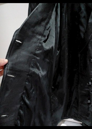 Düğmeli Siyah Uzun Deri Kadın Ceket - Görsel 4