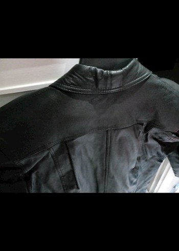 Düğmeli Siyah Uzun Deri Kadın Ceket - Görsel 7