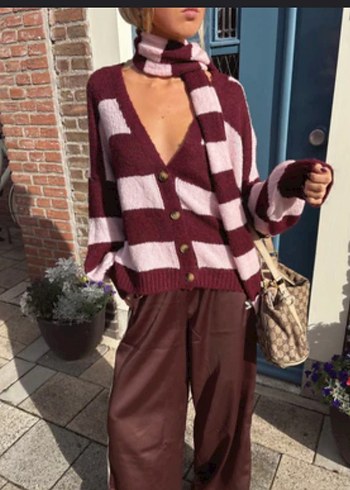 Çizgili Pembe Örgü Skinny atkı - Görsel 3