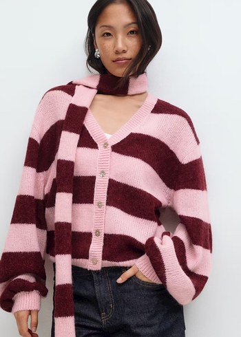 Çizgili Pembe Örgü Skinny atkı - Görsel 2