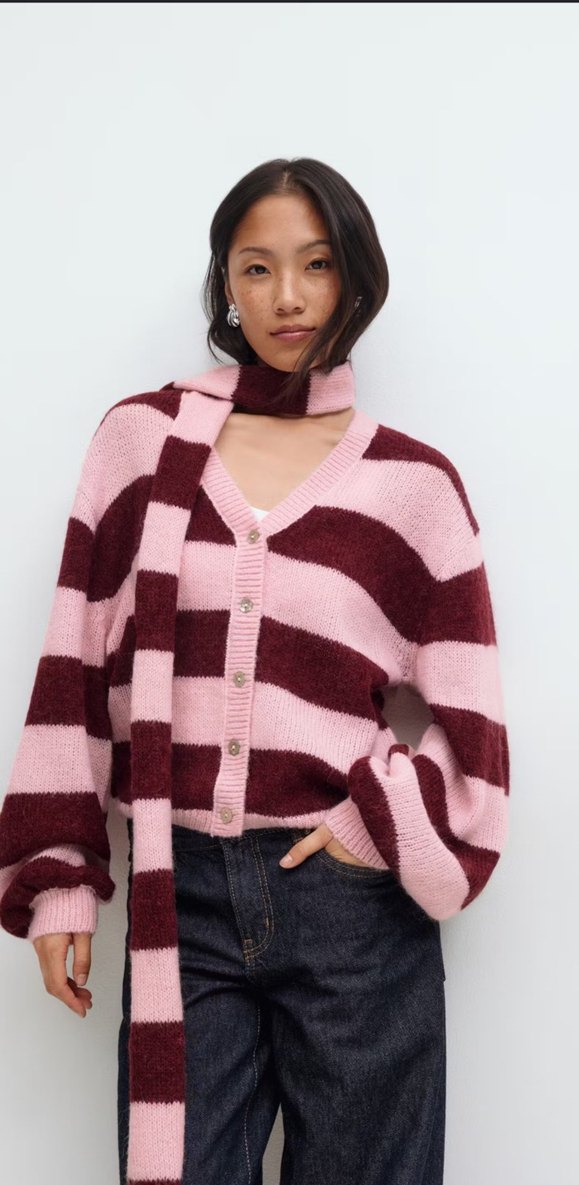 Çizgili Pembe Örgü Skinny atkı - Görsel 2