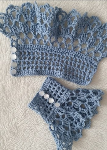 Dantel Detaylı Mavi Örgü Kadın Eldiveni - Görsel 4