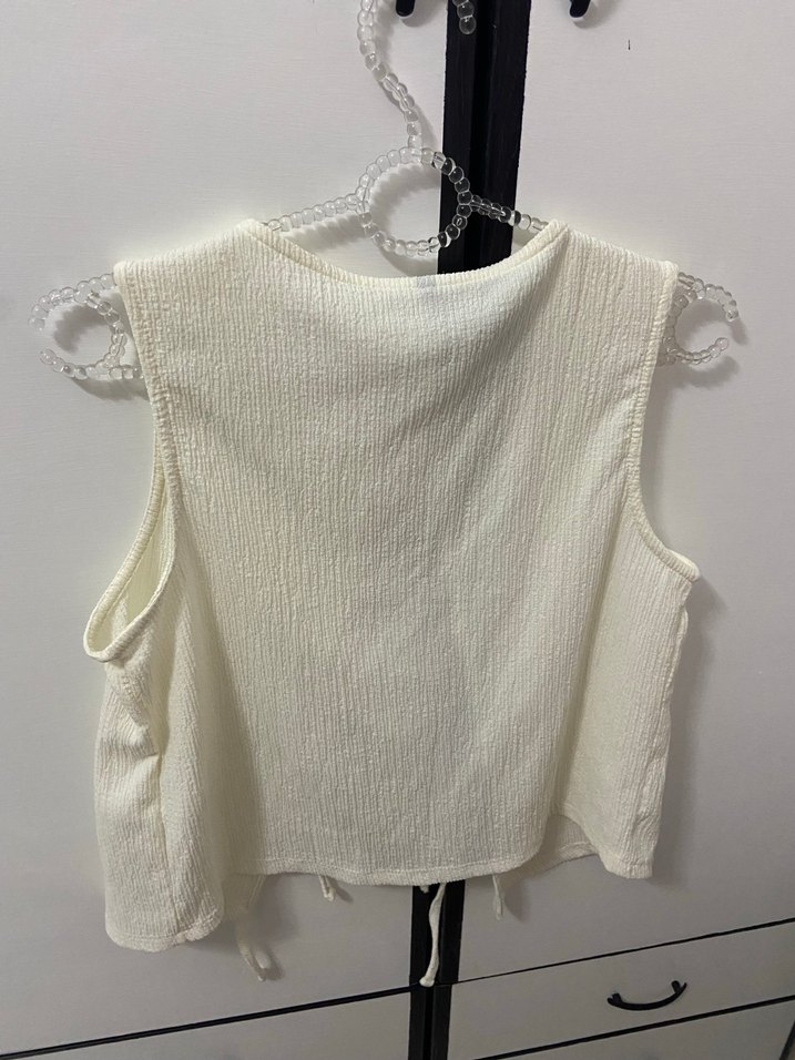 Defacto Beyaz Kolsuz Keten V Yakalı Kadın Yelek - Görsel 3