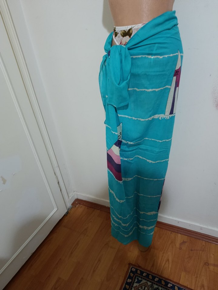 İnce Askılı Turkuaz Uzun Batik Pareo - Görsel 3